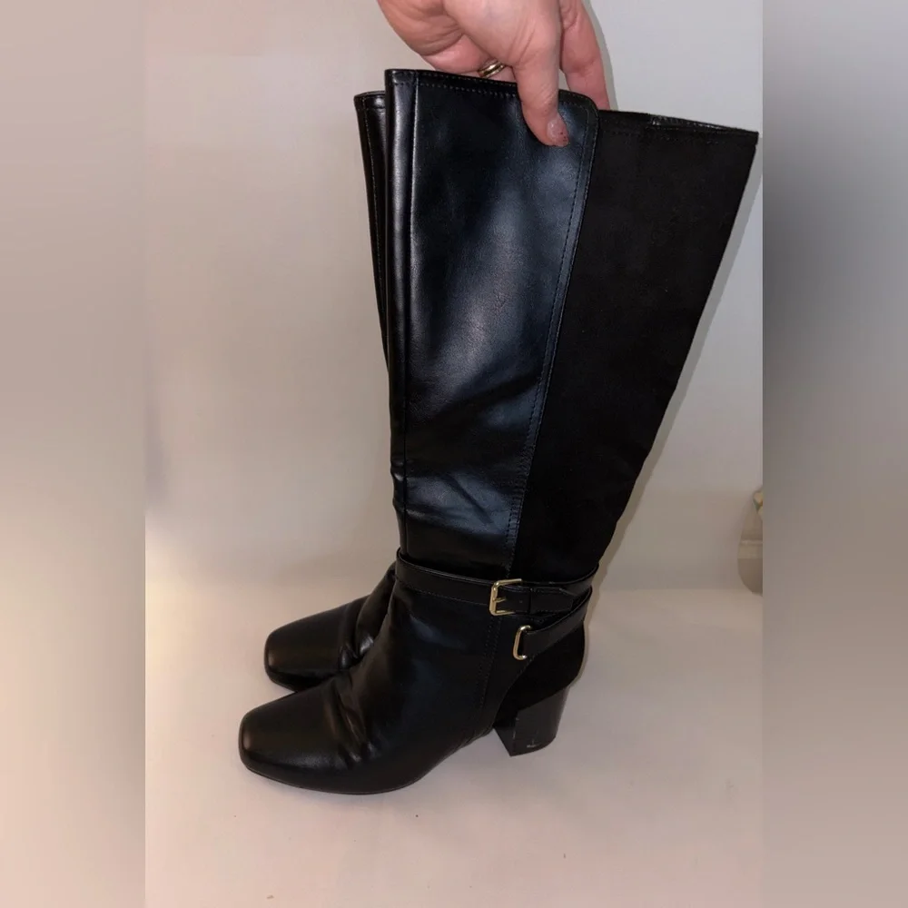 Liz Claiborne Black Knee High Mixed-Materials Boots with Buckle Size 8.5‎